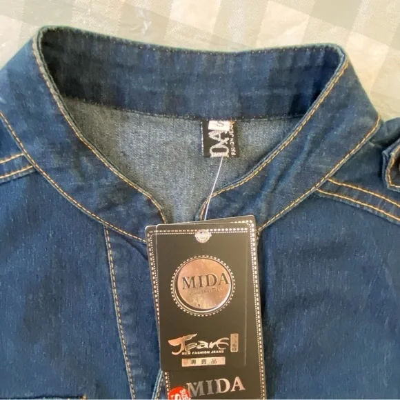 Mida denim mini dress lightweight distressed blue jeans button up closure small - Picture 5 of 16